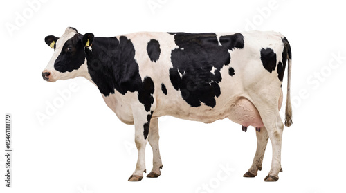 Obraz na płótnie Black and white Holstein dairy cow, full body, standing calmly with ear tags, is