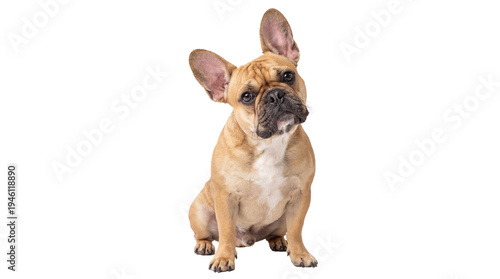 Canvas Print Charming fawn French Bulldog puppy sitting attentively with a curious head tilt,