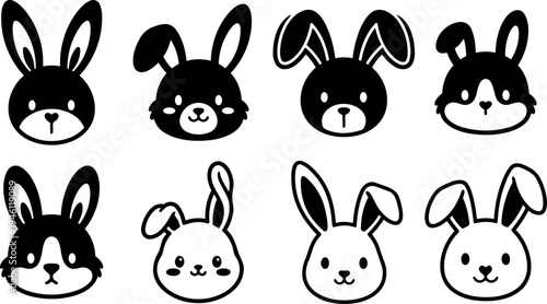 Cute black and white bunny faces collection with varying ear positions and expressions vector art set for playful design projects