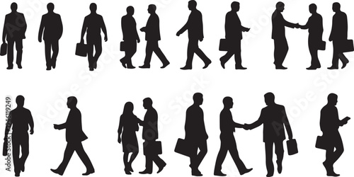 Corporate Business Professionals Set: Handshaking, Walking, and Talking Silhouettes