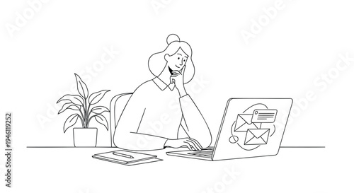 Vector illustration of woman working on laptop with email on screen