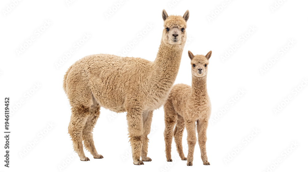 Fototapeta premium Adorable light brown adult alpaca and its fluffy baby cria standing together, isolated on transparent background, full body studio shot PNG