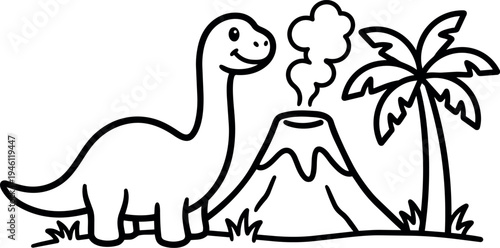 Cute dinosaur standing near erupting volcano and palm tree in simple black outline vector art style
