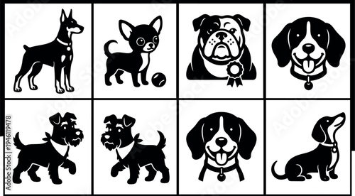 Black and white vector dog icons set including doberman chihuahua bulldog beagle schnauzer dachshund playful happy cartoon style illustrations