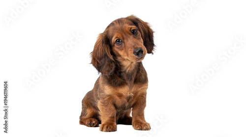 Cuadro en lienzo Cute long-haired dachshund puppy with expressive eyes and brown fur, sitting cal