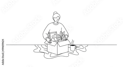 Continuous line drawing of woman unpacking plants
