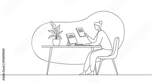 Vector illustration of woman working on laptop at desk with plant