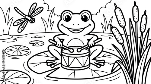 Happy smiling frog sitting on lily pad playing drum with drumsticks while dragonfly flies over pond and cattail plants