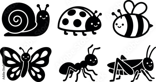 Cute simple black and white vector icons of smiling snail ladybug bee butterfly ant and grasshopper illustrated in flat design style
