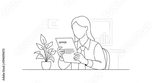 Vector illustration of woman reading newspaper in office