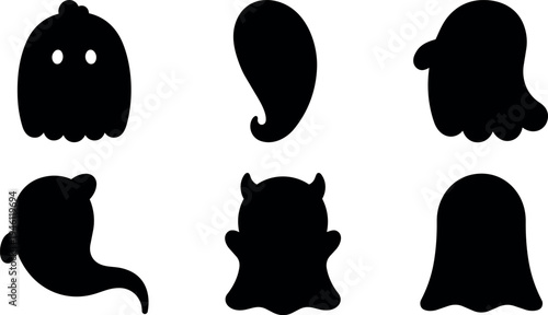 Vector style black silhouette ghost icons set with horns spooky halloween themed simple shapes isolated on white background