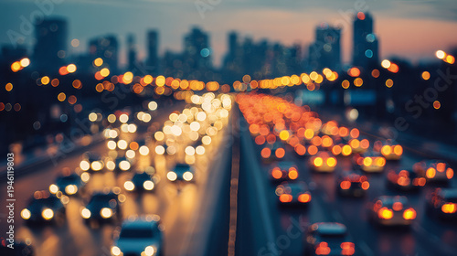 Evening urban traffic with blurred lights creating vibrant bokeh effect on busy highway lanes against city skyline at dusk with warm glowing tones and reflections