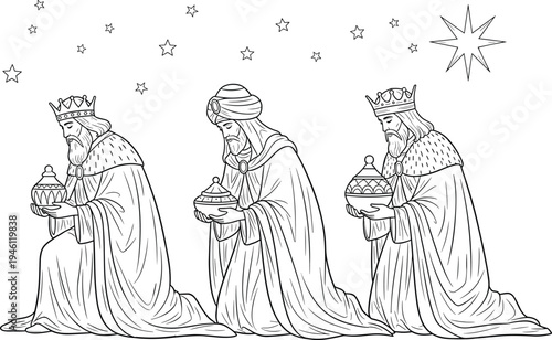 Three Wise Men Nativity Scene Line Art Biblical Magi Kings with Gifts Christmas Vector Illustration