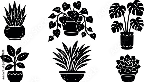 Black silhouette vector art set of six potted houseplants with diverse leaf shapes and styles isolated on white background