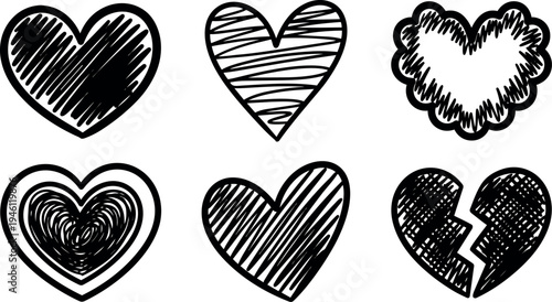 Black hand drawn scribble hearts collection with solid striped broken and scalloped outline shapes in isolated vector style