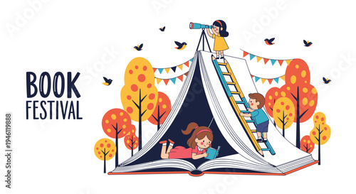 Vector illustration of book festival with children reading