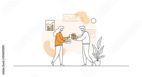 Vector illustration of two people interacting in a modern office setting