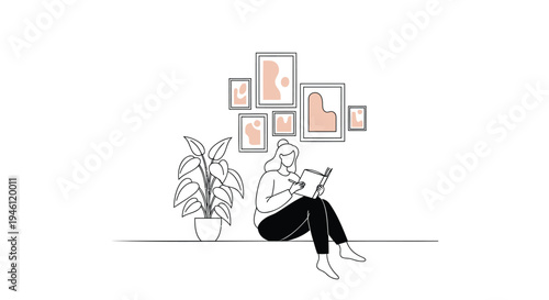 Vector illustration of a woman sitting with a plant and frames