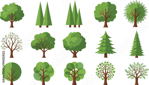 Various Green Trees Collection Forest and Park Tree Icons Nature Vector Illustration Set