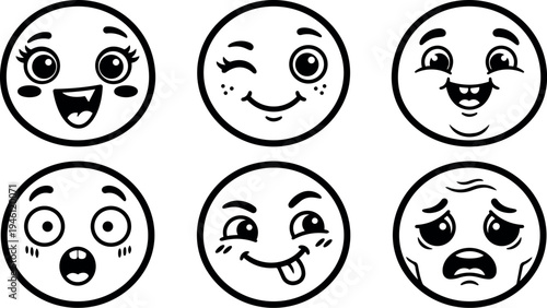 Black and white cartoon style smiling winking goofy shocked playful and scared faces vector set with simple line art expressions and emotion icons