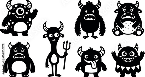 Cute funny cartoon little monsters with horns different facial expressions and poses black silhouette vector art set