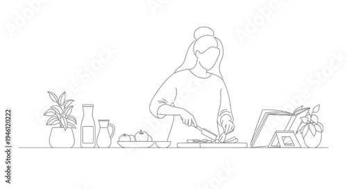 Continuous line drawing of woman preparing food in kitchen