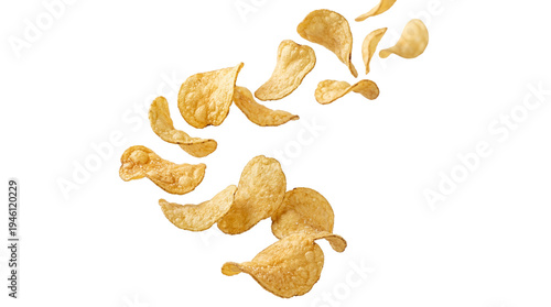 Billede på lærred Crispy golden potato chips falling and flying in motion, perfectly isolated PNG