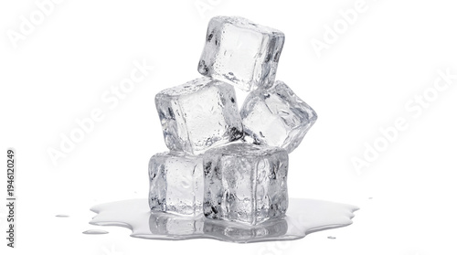 Obraz na płótnie Stack of five clear melting ice cubes with a small puddle of water, isolated PNG