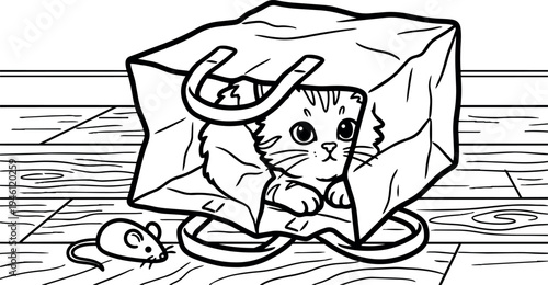 Black and white line art kitten peeking out of paper bag with mouse on wooden floor cute pet animal illustration