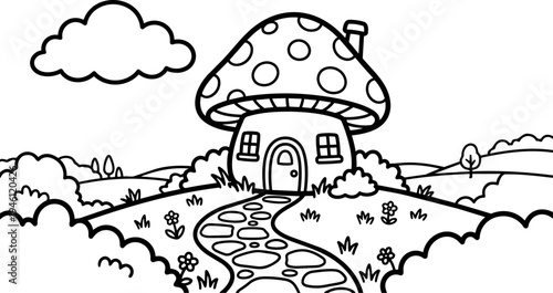 Black and white line art mushroom house with chimney and polka dot roof on scenic curvy garden path surrounded by flowers bushes and rolling hills landscape
