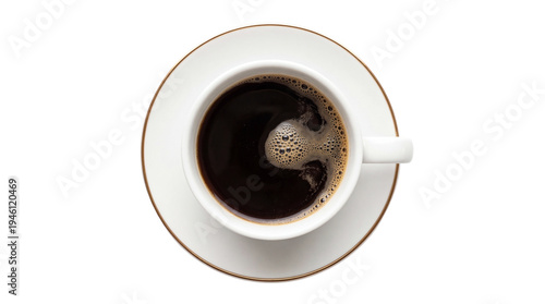 Bild auf Leinwand Top view of a classic white ceramic coffee cup with gold rim, filled with dark b