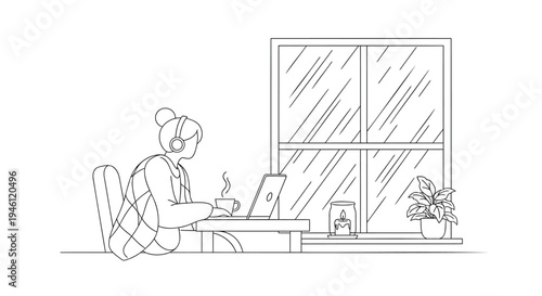 Vector illustration of a woman working on laptop with headphones and coffee