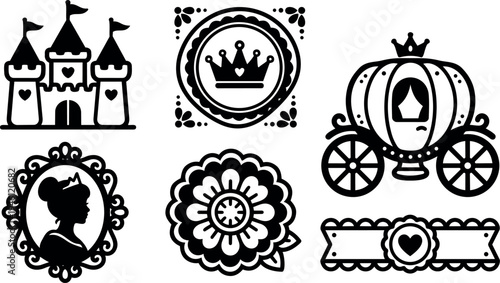 Black silhouette set of royal castle crown princess carriage floral badge and heart emblem vector art design