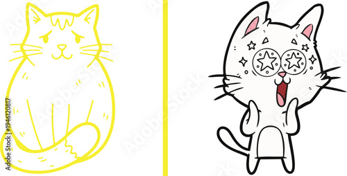 Two expressive cat vectors: a sad yellow line-art kitten looking downcast, and an excited white cartoon cat with sparkling star eyes and an open mouth. A study in contrasting feline emotions.