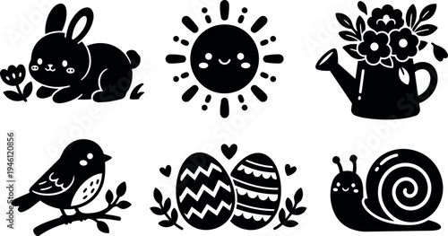 Cute black silhouette vector icons with bunny flower sun bird snail watering can and decorated eggs illustration set