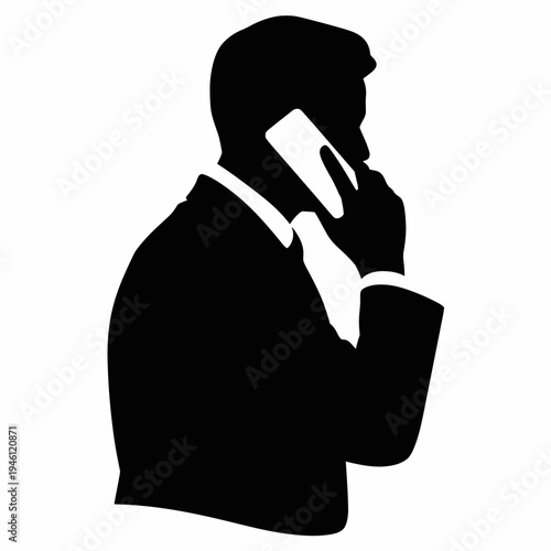 A silhouette of a businessman holding a phone to his ear.