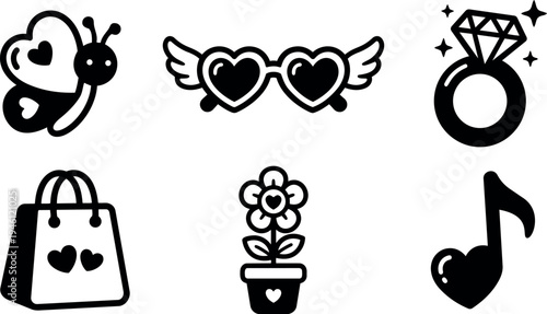 Minimalist black and white love themed icons including heart butterfly ring flower gift bag and music note vector set