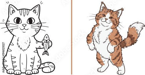 Two charming vector cat illustrations: a black and white line art cat holding a fish, and a fluffy orange tabby standing on its hind legs. Ideal for pet-themed designs and children's content.