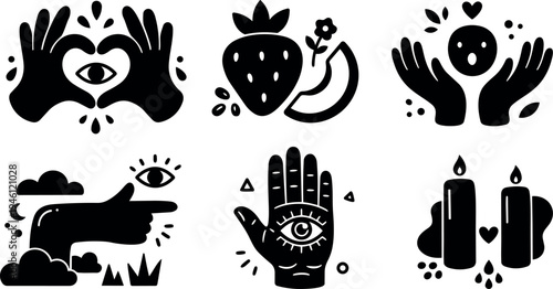 Black silhouette mystic symbols hand gestures with eye strawberry candle and nature elements in flat vector style