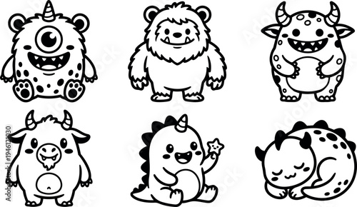 Cute cartoon monsters in black line art style sitting sleeping and smiling in adorable childish character design set