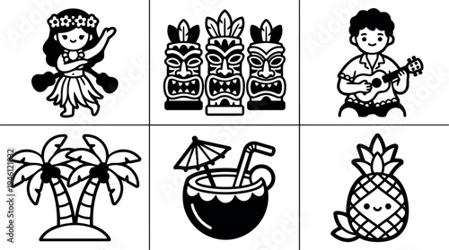 Cute hula dancer with flower crown tiki masks and boy playing ukulele tropical palm trees coconut drink and smiling pineapple vector icons
