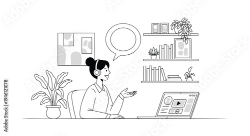 Vector illustration of woman talking at desk with laptop and plants