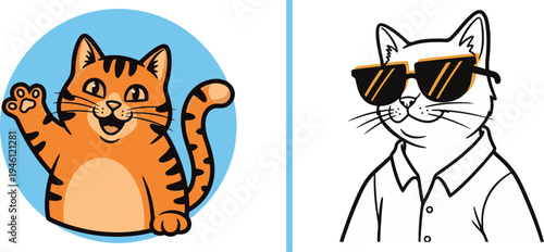 Split vector panel showing a cheerful orange tabby cat waving in a blue circle and a cool, sophisticated cat wearing sunglasses and a collared shirt.