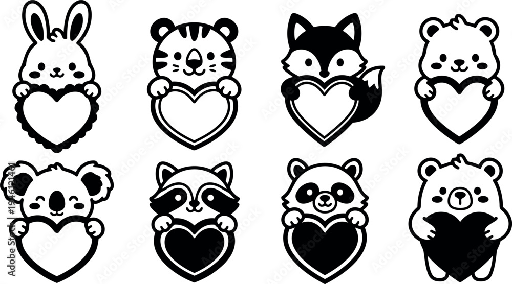Obraz premium Cute animal characters holding heart shapes in black and white vector line art style with simple minimalistic design for valentines day cards