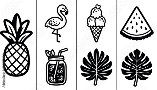 Black and white line art summer icons pineapple flamingo ice cream watermelon tropical leaves and lemonade jar set