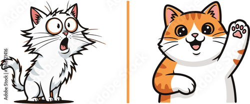Split vector illustration: on the left, a scruffy white cat looks shocked and startled; on the right, a friendly orange tabby smiles and waves a paw.