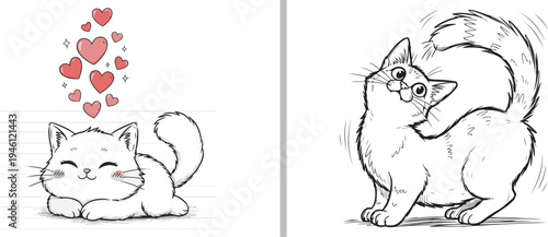 Charming vector illustrations featuring a happy white kitten surrounded by red hearts and a playful cat twisting to look at its fluffy tail. Sweet, expressive, and minimalist feline art.