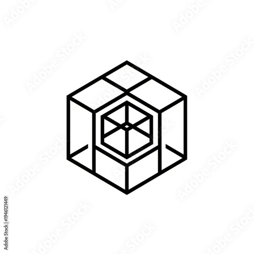 Abstract geometric cube structure with internal hexagonal shape, minimalist line art.