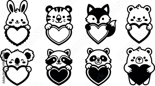 Cute animal characters holding heart shapes in black and white vector line art style with simple minimalistic design for valentines day cards