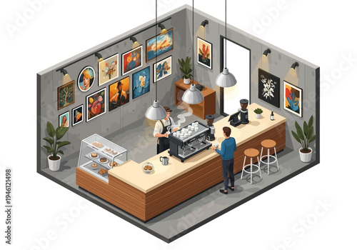 Isometric view of a cozy coffee shop interior with patrons ordering from the barista at the counter displaying artwork on the walls